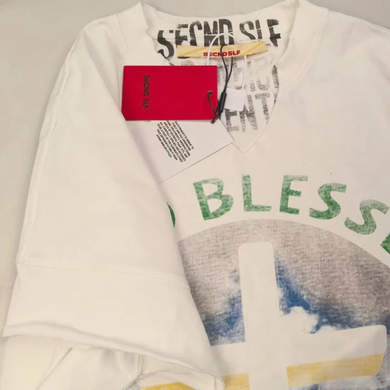 SECND SLF2026 New Casual Crop Cut V-neck T-shirt High Street Personalized Fashion Wearing Paired Hip-hop Fashion Brand Tee