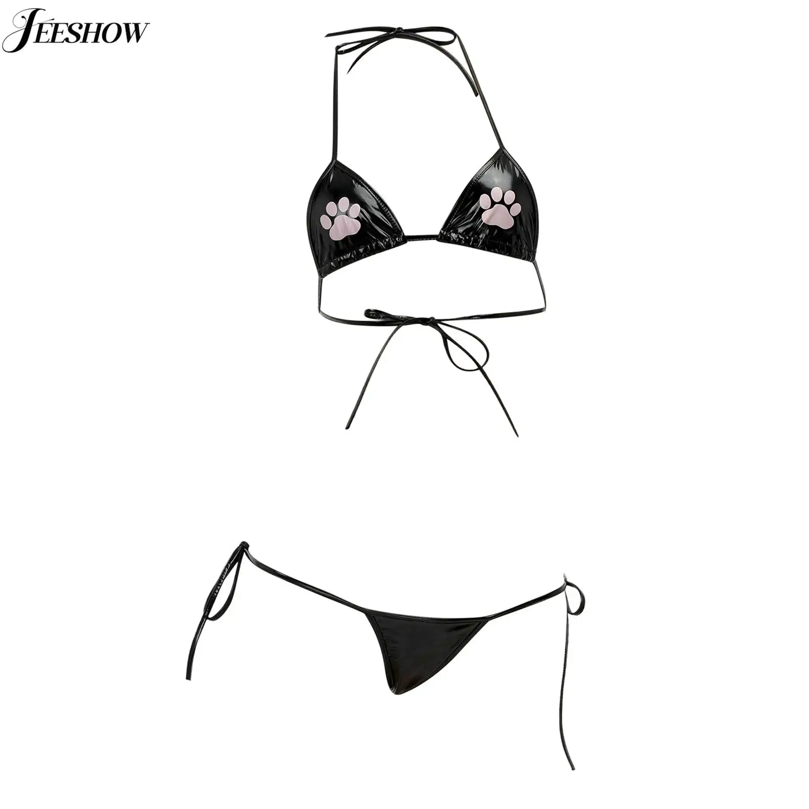 

Womens Faux Leather Bikini Lingerie Set Anime Printed Lace-up Halter Neck Mini Bra with Bikini Briefs Underwear Sexy Nightwear