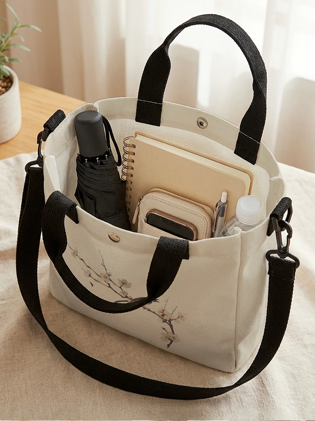Chinese Ink Plum Blossom Bird Canvas Tote Bag Detachable Strap Crossbody Handbag For Women Daily Shopping