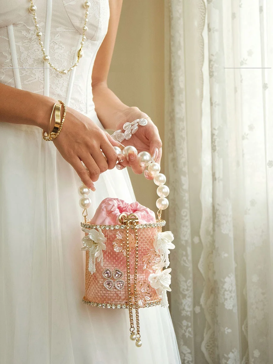 UGALS Retro Pearl Flower Rhinestone Bucket Handbag Women's Evening Party Clutch Crossbody Bag Sweet Lady Style Chain Handle