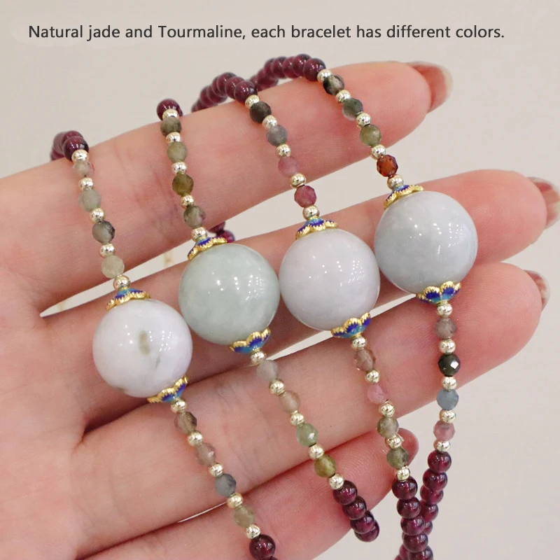 Ruifan Wealth and Peace Lucky Jade Natural Garnet Tourmaline Beaded Strand Bracelets for Women Fine Jewelry Wholesale YBR855