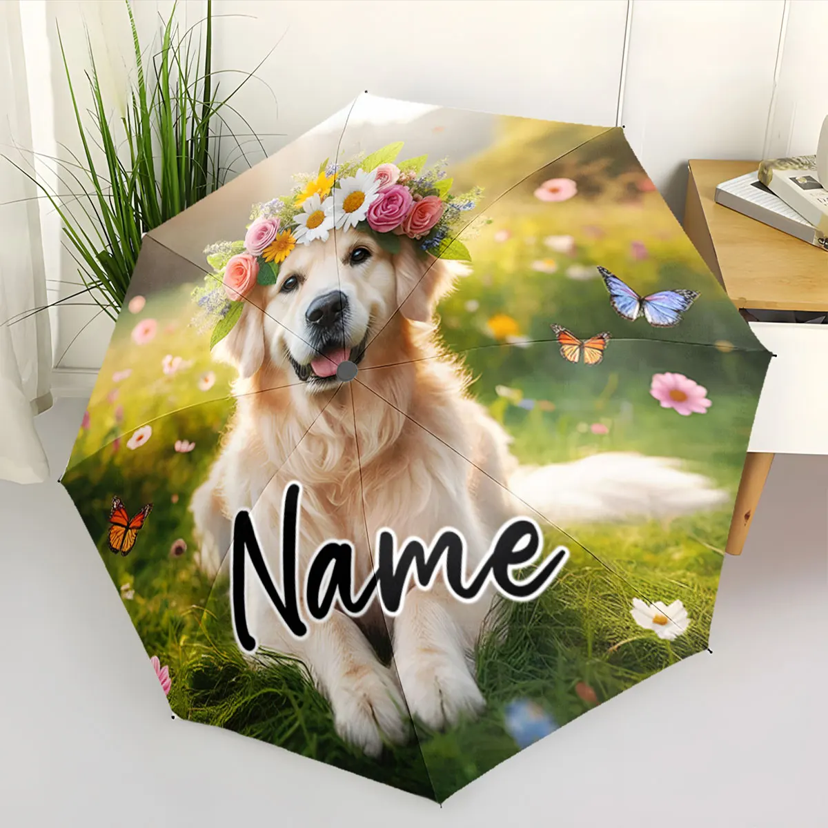 Custom Name Golden Retriever Umbrella with Floral Design Print 8 Iron Ribs Folding Umbrella, Auto-Open Fashion Sunshade