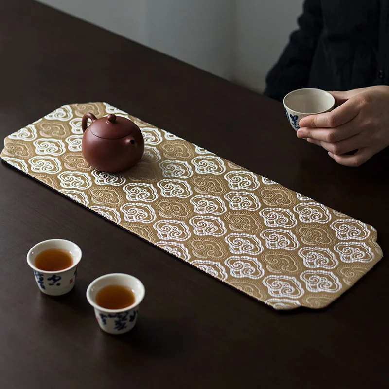 

Elegant Silk Imitation Tea Mat with Cloud Pattern for Gongfu Tea Ceremony Zen Style Small Tea Table Cloth Tea Room Classical ...