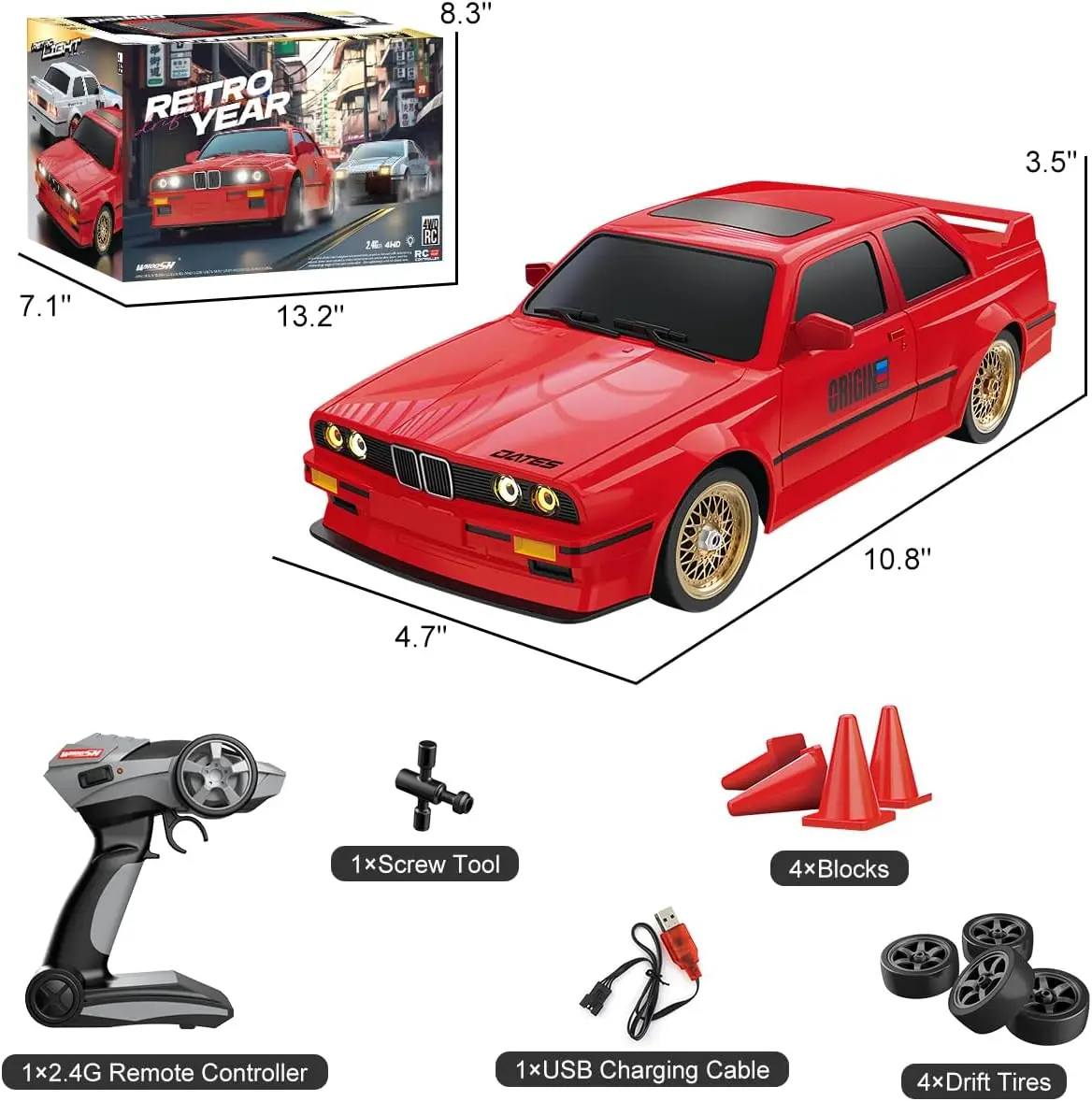 High-Speed 1:16 Scale 4WD RC Drift Car for Kids and Adults - 30KM/H 2.4Ghz RTR Racing Vehicle with LED Lights, Remote Control, Two Batteries, and Drift Tires Included - Sport Toy Gift for Boys Girls view 6