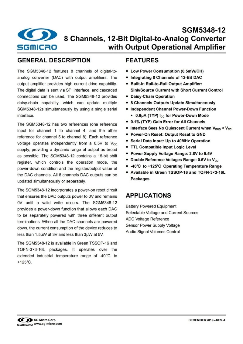 10Pcs/Lot SGM5348-12XTQ16G/TR 8 Channels,12-Bit Digital-to-Analog Converter with Output Operational Amplifier