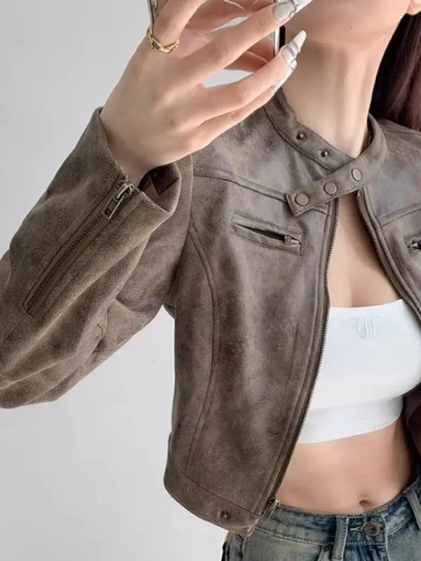 แจ็คเก็ตหนังวินเทจสไตล์สตรีท ทรงเข้ารูป ซิปหน้า สำหรับผู้หญิง สไตล์ไบค์เกอร์ สีแดง แนวเรโทร สำหรับสาวสุดฮอต แจ็คเก็ตมอเตอร์ไซค์แบบมีซิป