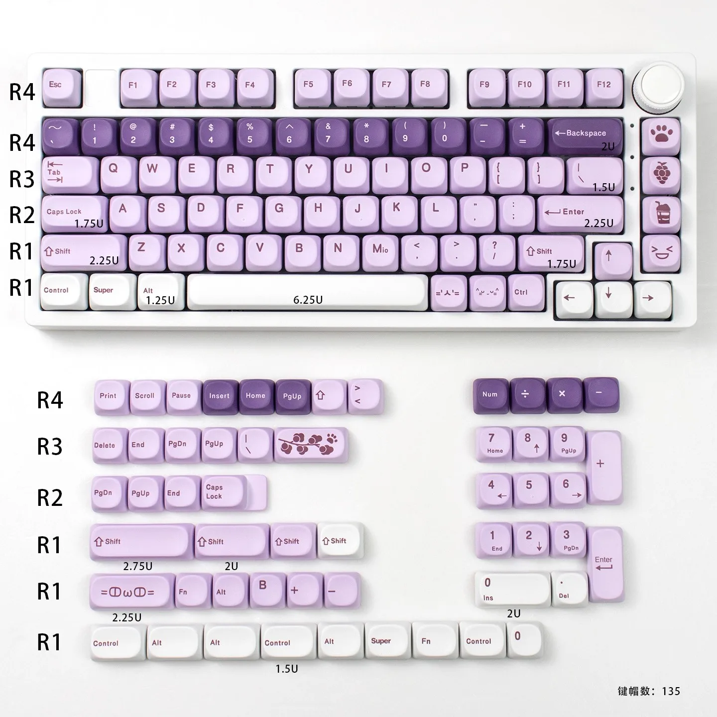 Grape Smoothie theme Keycap 135 Keys PBT MOA profile Cute Round Purple keycaps For MX Cherry Mechanical Keyboard