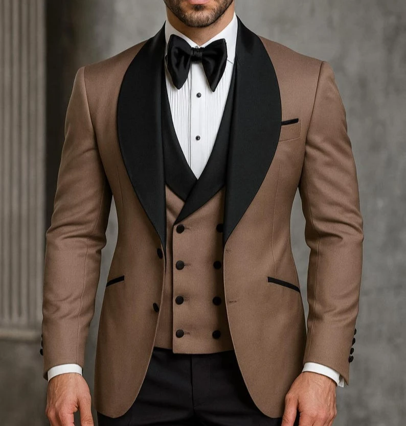 Classic Brown Double-Breasted Tuxedo  Black Satin Lapel  3pcs