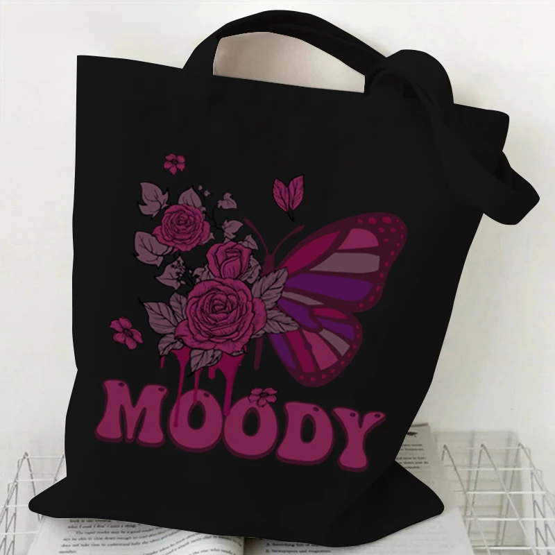 Vintage Gothic Sun Moon Butterfly Print Women Canvas Tote Bag Fashion Casual Shopping Handbag Butterfly Lover Teen Shoulder Bag