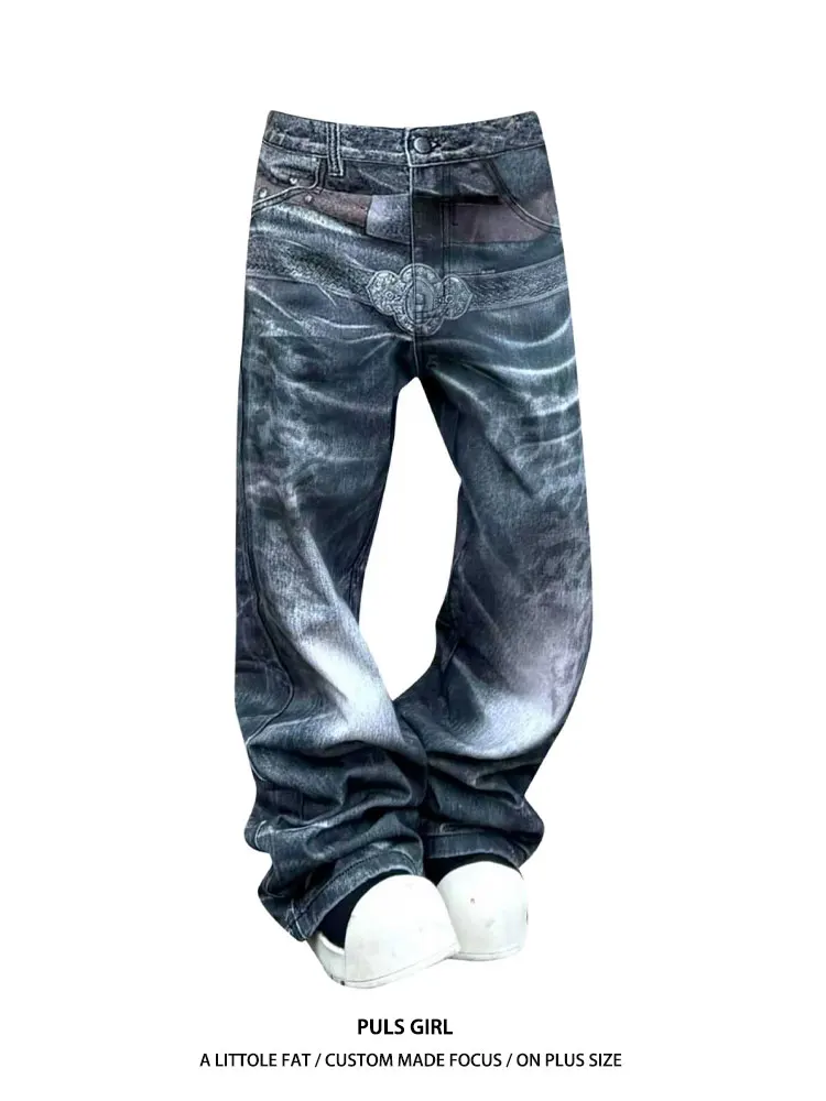 

Loose Wide Leg Jeans Women's High Waist Print Street Style Belted Knife Casual Trousers for plus Size Fashion