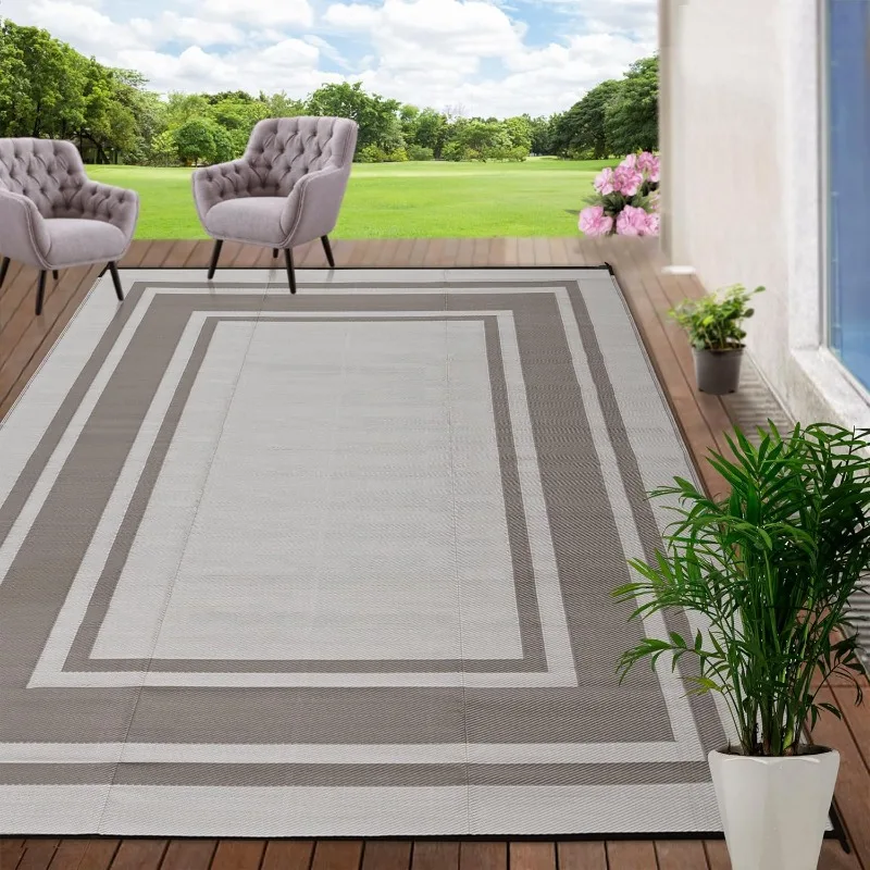 

Outdoor Rug 9x12 Waterproof for Patio Clearance,Large Plastic Straw Mat for Camping,Porch,RV,Reversible, Light Coffee