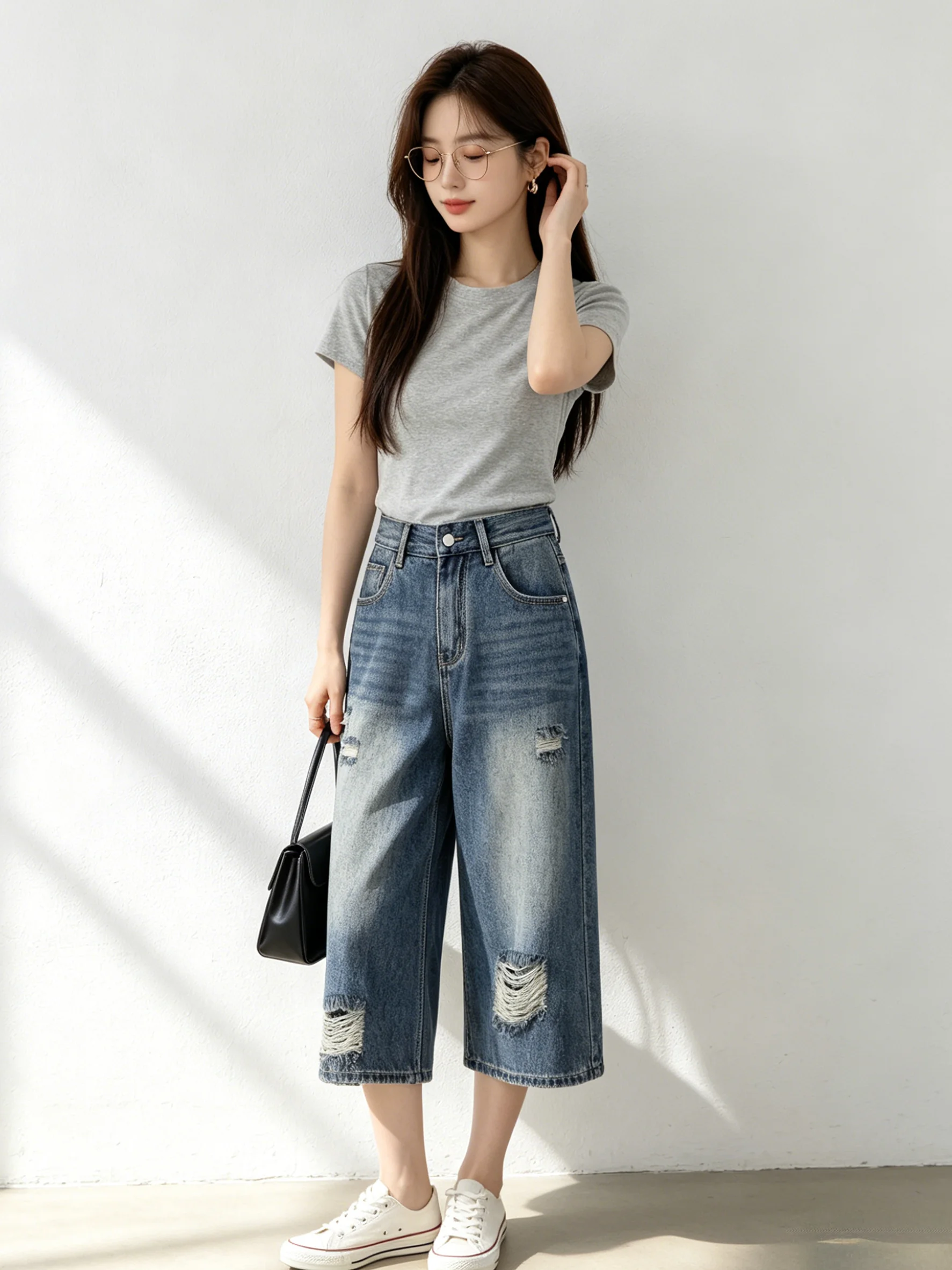 

Korean Style Commuter Soft Denim Wide Leg Pants Summer Anti-Aging Design Sense Hole Seven-Foot Pants Casual Jeans Ladies