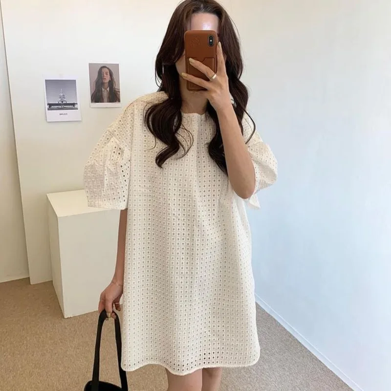 

Korean Chic Summer 2022 French Loose Hollow Out Bubble Short-sleeved Dress Women's All-Match Vestidos Mini Dress Office Ladies