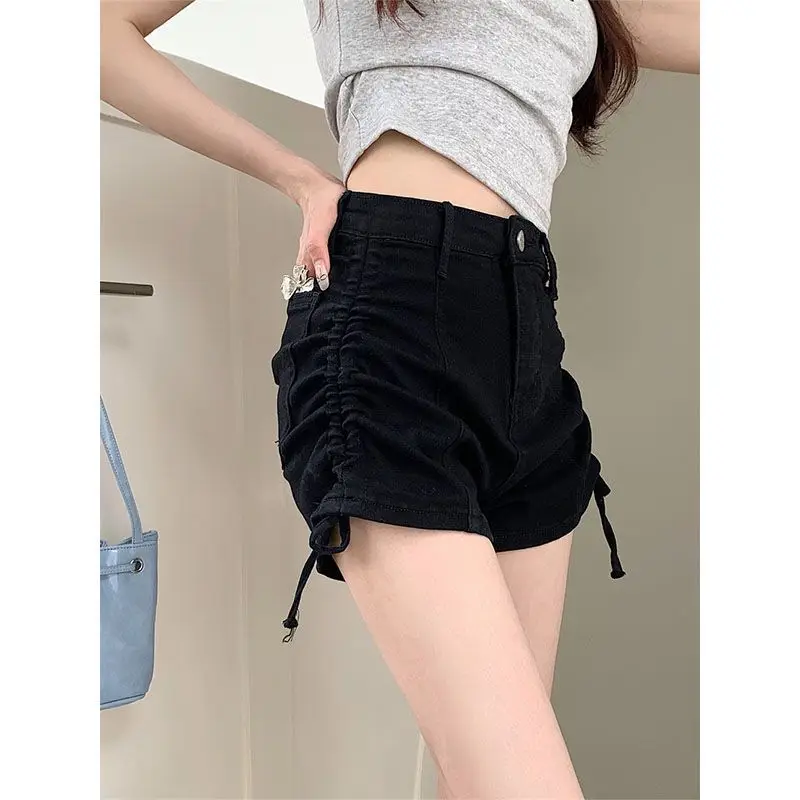 

High Waist Drawstring Denim Shorts Women's Spring 2025 Design Sensation Hot Pants Black Short Pants Straight Leg Jeans