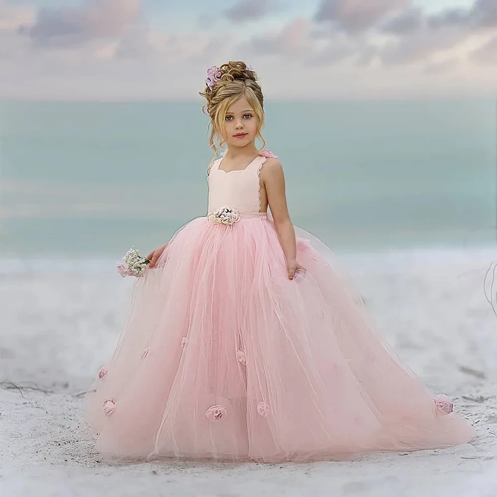 

Flower Girl Dresses Bow Tie Back Ball Gown Long Lace Train Princess Girls Dress Robe Princesse Fille