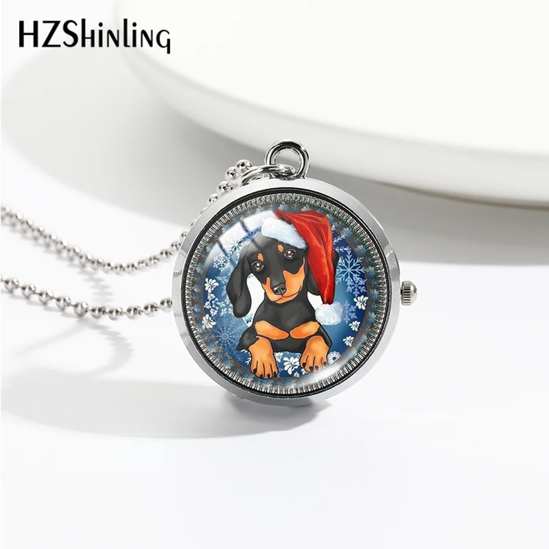 2023 New Cartoon Merry Christmas Dogs Rotate Pocket Watch Round Glass Cabochon Handcraft Necklace Pendants for Women Men