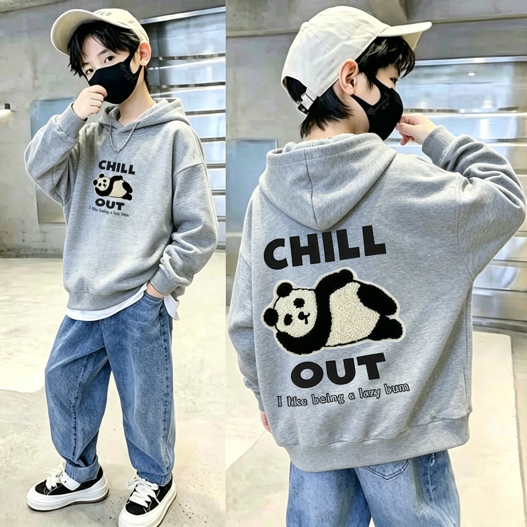 Y2K Kids Hooded Sweatshirt Autumn Winter, Chill Out Lazy Panda Print Front And Back, Unisex Pullover Hoodie Casual Warm Top