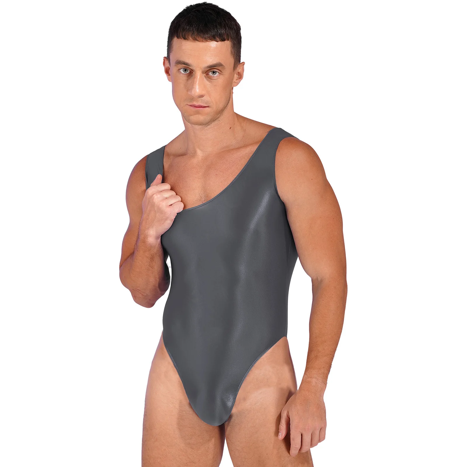 Costumi da bagno uomo lucido Backless body Pool Party costume intero taglio alto senza maniche body allenamento sportivo Yoga Fitness