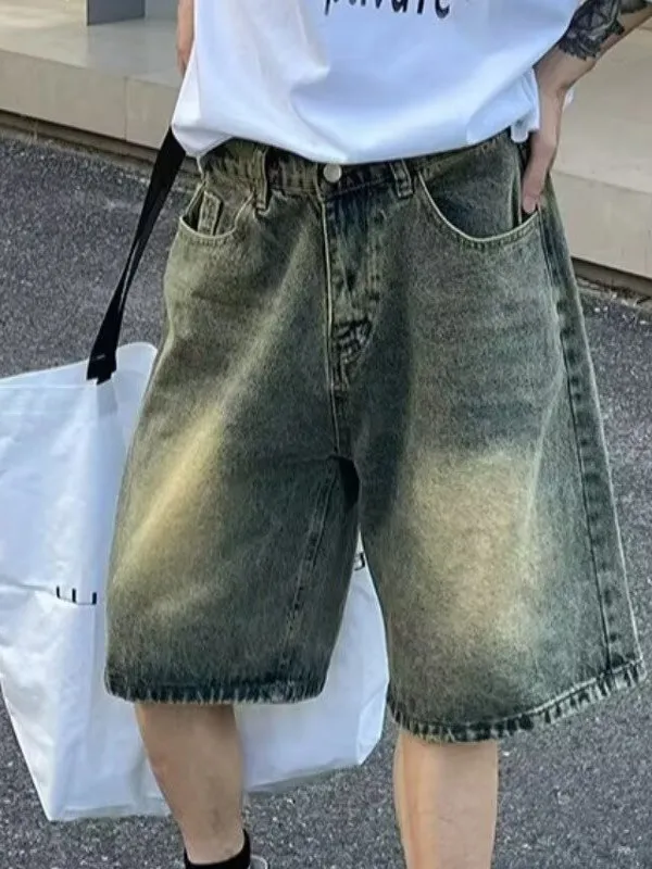 Retro American Waed Denim orts Heren Zomer Dunne losse rechte pijpen Casual vijfkwart trendy jeans midden taille Hoge taille