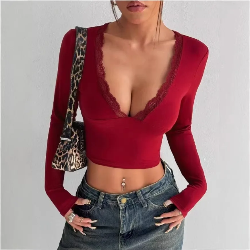 Sexy Long Sleeve V-Neck Lace Trim Crop Top Slim Fit Inner Wear Cross-Border 2025 New Style for Trendy Girls High Waist Skirt ...