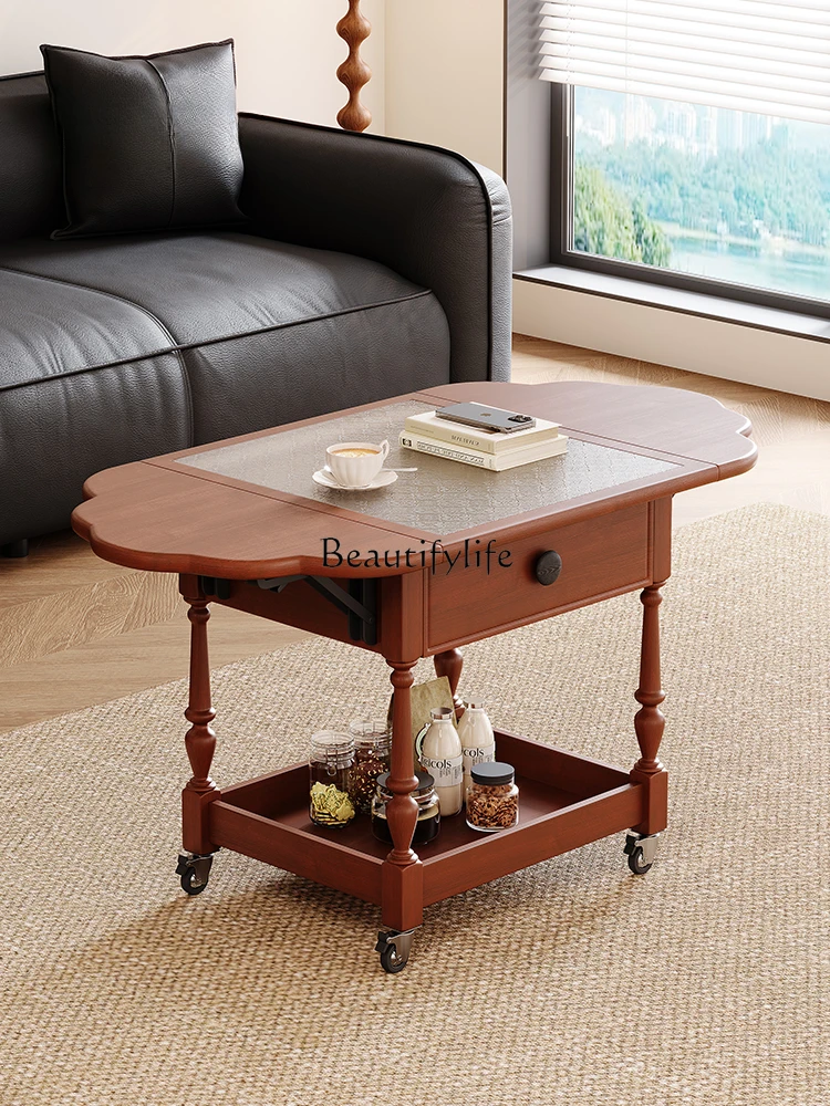 

Folding Tea Table French Style Multi-Functional Removable Glass Solid Wood Tea Table