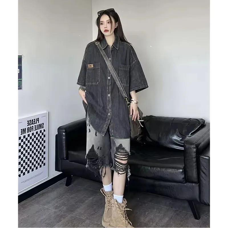Zomer Dames Streetwear Vintage Gradiënt Jeans Shorts Amerikaanse Retro Hip Hop Gat brekend ontwerp Cowboy vijfkwart denim broek