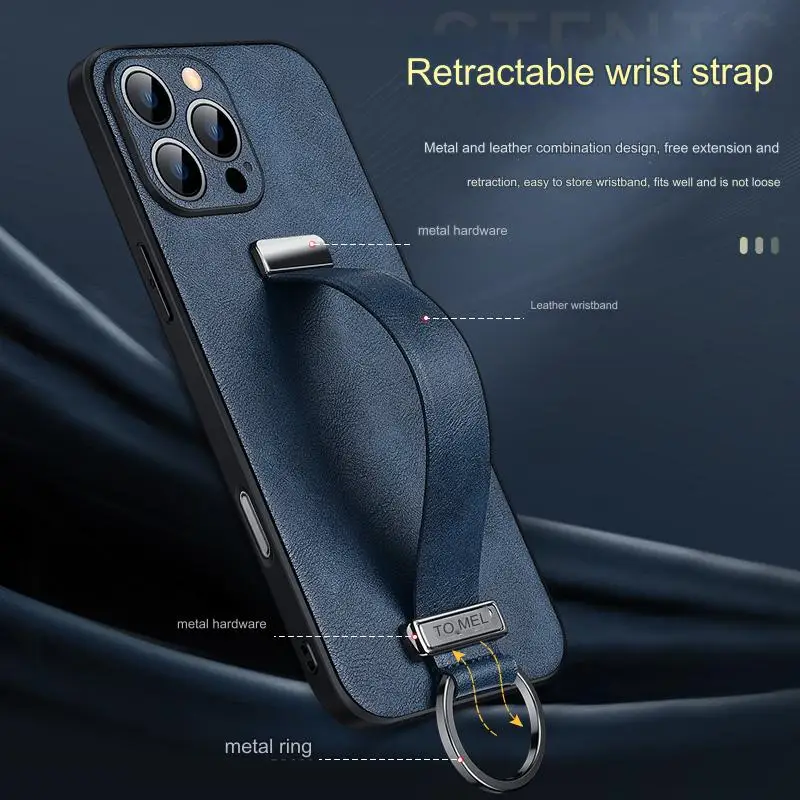 

Wristband Leather Case For iPhone 16 Pro Max 15 Plus 14 13 Streatchable Stand Cover Elegant Business Finger Ring