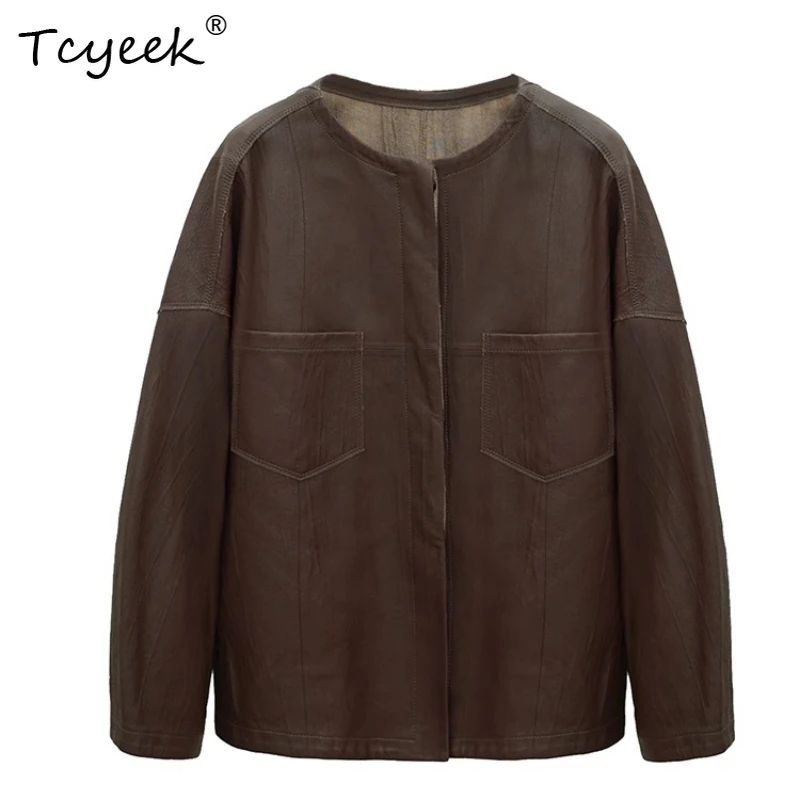 Tcyeek جلد الغنم ربيع الخريف الراقية الجولة الرقبة النمط الصيني القهوة البني قصيرة المرأة سترة جلدية حقيقية Jaqueta Couro