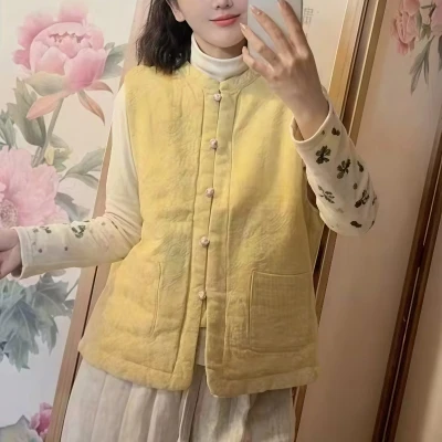 

Thiened Cotton Vest Women's Faionable Chinese Sle Stand Collar ort Svel Warm Pure Color Winter New Arrival