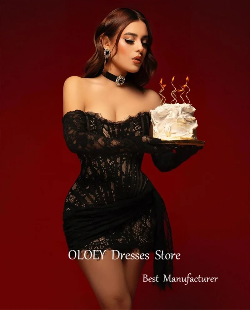 Oloey Sexy Mini Zwart Kant Prom Party Jurken Ons Vrouwen Lieverd Lange Handschoenen Mini Cocktail Jurk Formele Avondjurken Plus Size