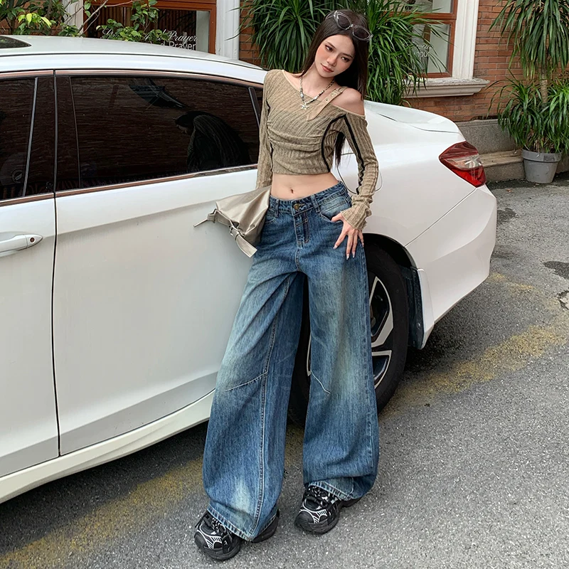 

Women's Vintage Y2K Dark Blue Embroidered Jeans Loose Wide Leg Drape Straight Slim Fit Trousers