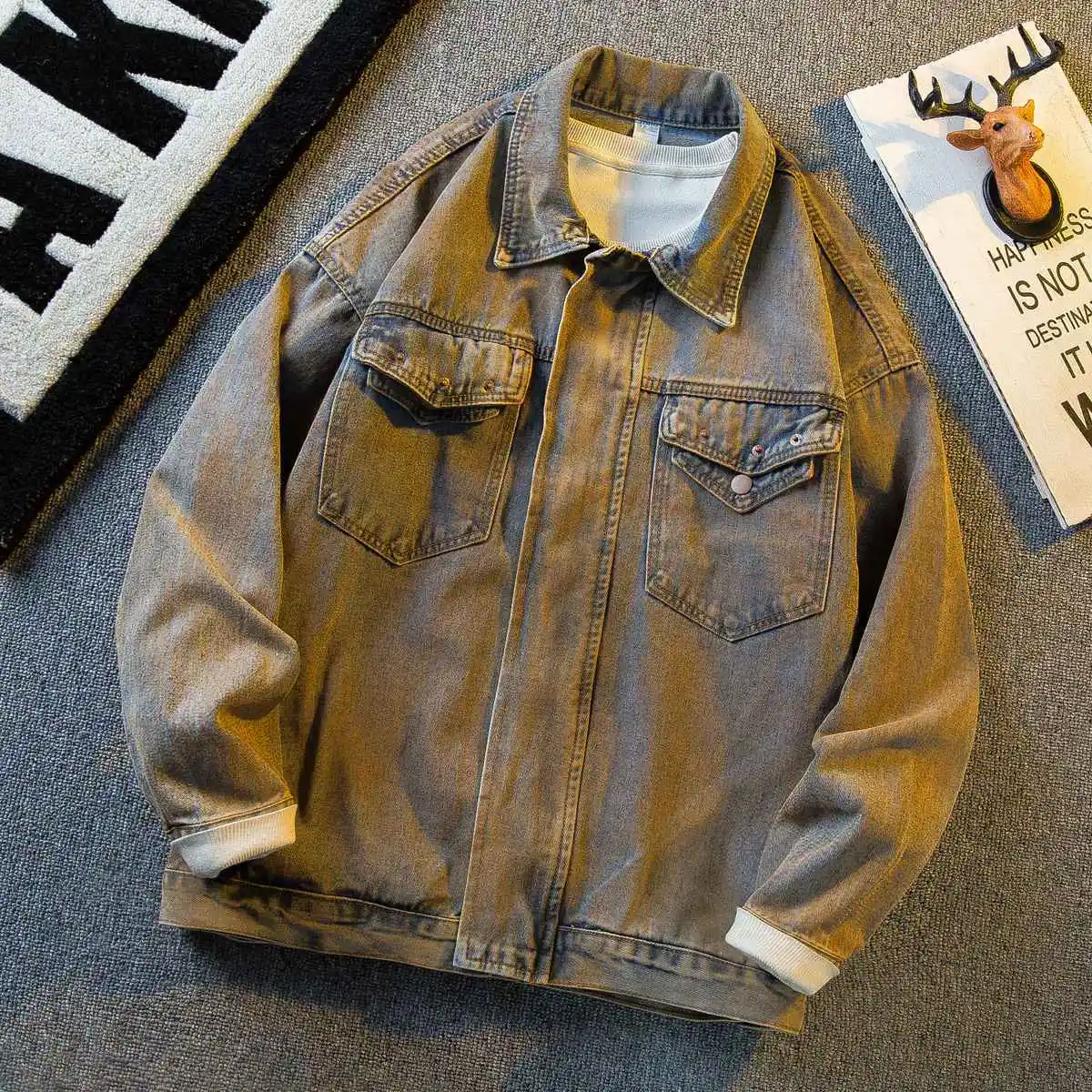 

Men's short jacket spring and autumn American style washed and worn-out denim jacket men's style jacket men