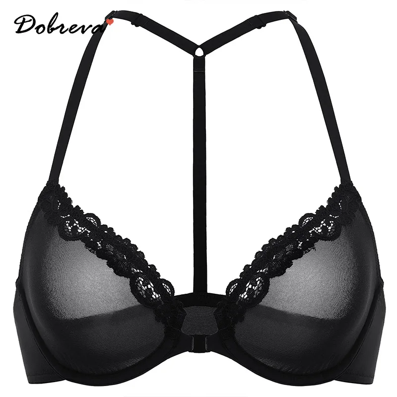 

DOBREVA Women's Mesh Front Closure Racerback Bra Lace Trim Unlined Underwire Plunge Sheer Bras Y Back