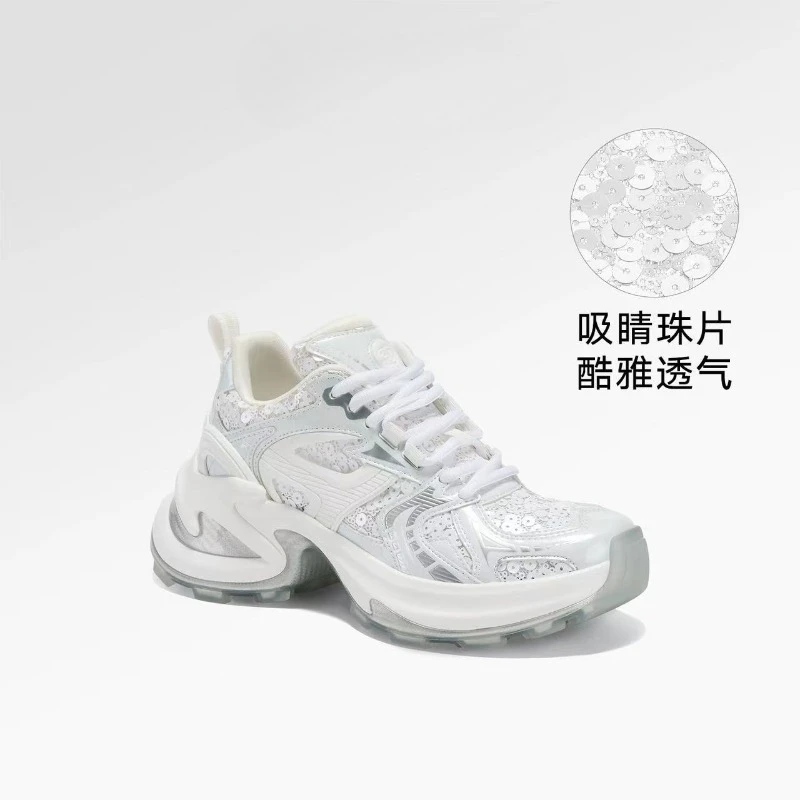 Spring New Starry Night Flight Platform Beads Silver Dad Shoes Women's Sneakers Lace-up High Quality