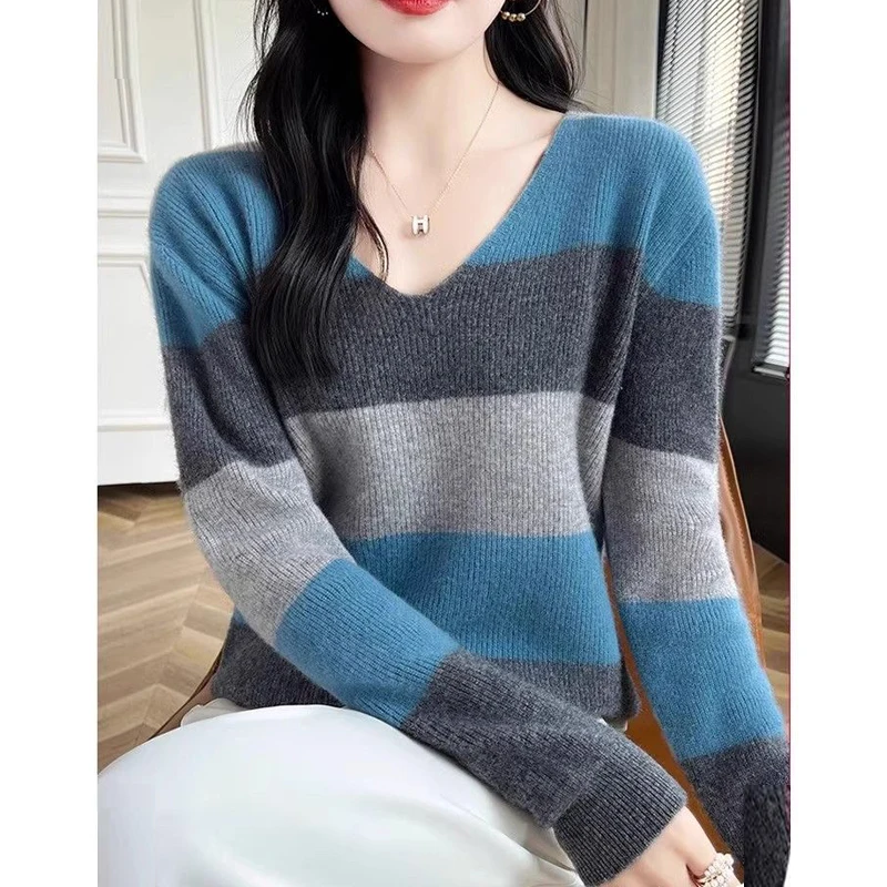 Frauen Koreanische Mode Kontrast Farbe Gestreiften Alle Spiel Gestrickte Pullover Herbst Winter Chic V-ausschnitt Langarm Lose Pullover Tops