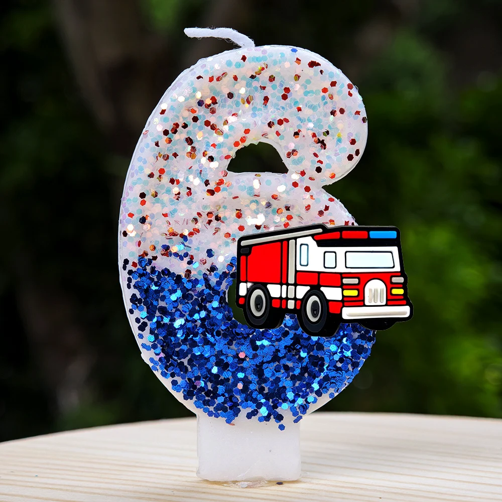Glitzer-Pailletten Feuerwehrauto Zahlenkerze Cartoon-Feuerwehrauto Tortendekoration für Jungen Kindergeburtstag Babyparty Themen-Dekoration – Detail 7