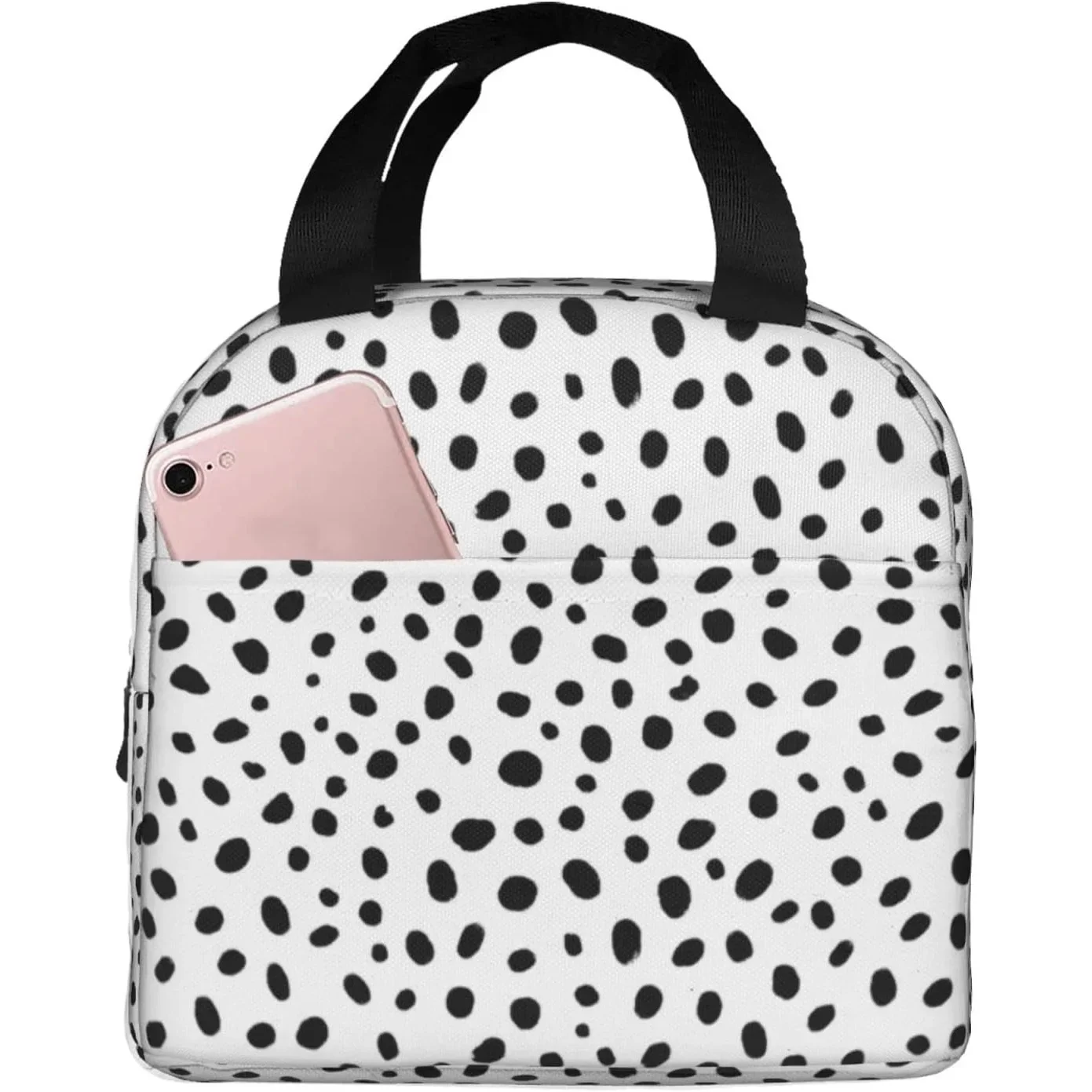 

Cute Black Dot On White Lunch Box Bento Box Insulated Lunch Boxes Reusable Waterproof Lunch Bag With Front Pocket