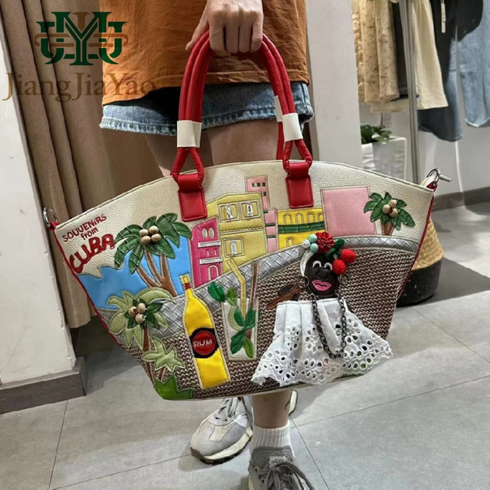 

New Fashion Women's Handbag Large Capacity Shoulder Bag Ladies Creative Splicing Embroidered Basket Bag Holiday Bag