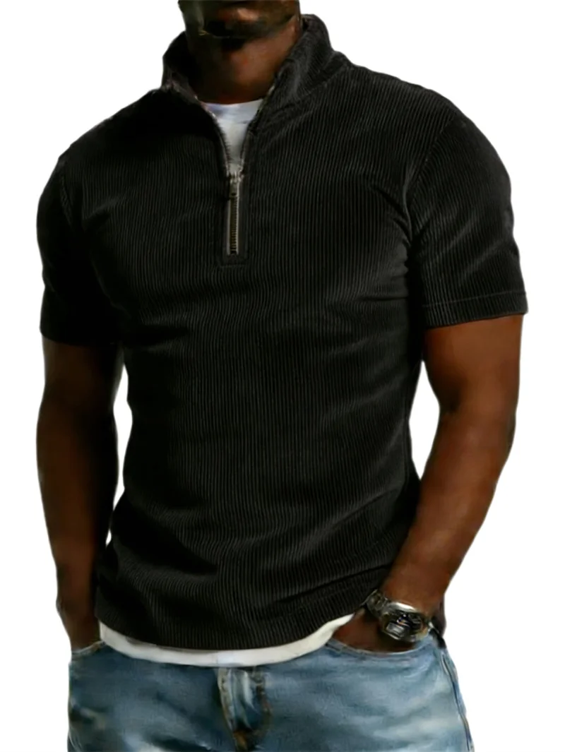 2026 new Men's Summer Casual Short-Sleeve Stand-Up Collar Quarter-Zip Pure Color Loose Sports Fitness Corduroy Top