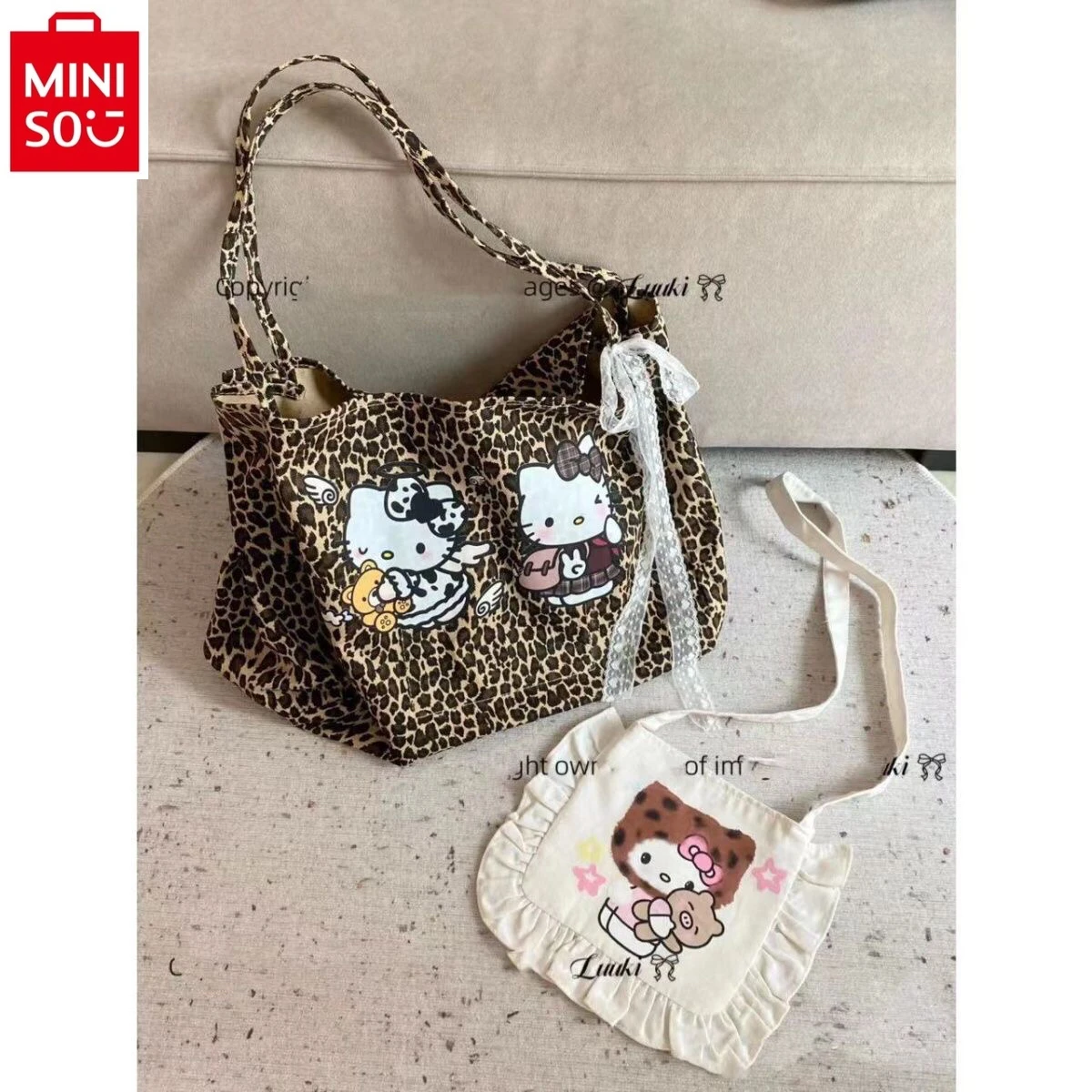 MINISO-sac à main rétro motif léopard Hello Kitty, sac fourre-tout de rangement multifonctionnel de grande capacité pour femmes, nouvelle collection 2024