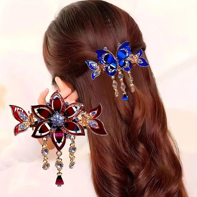 Pinza para el pelo de mariposa de cristal a la moda para mujer, diamantes de imitación coloridos, elegante accesorio para el cabello con borlas para chica Kawaii, diadema con pinza para el pelo