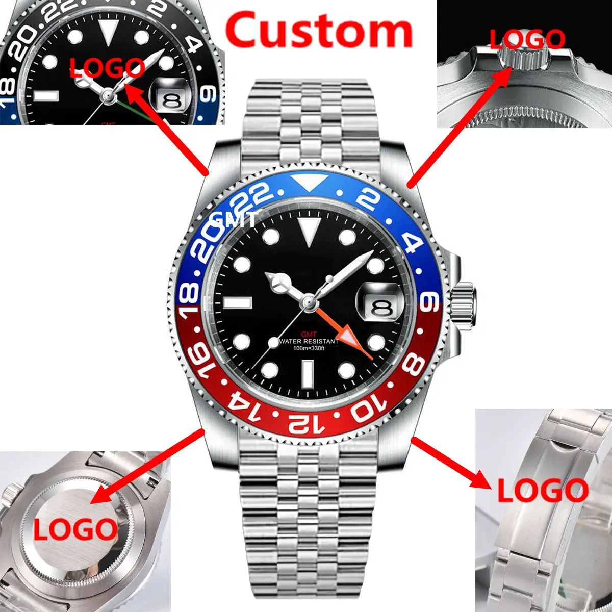 Custom luxury GMT Watch 40mm Mechanical Wristwatches Quartz Movt Stainless Sapphire Glass 100M Waterproof Luminous Men Watches