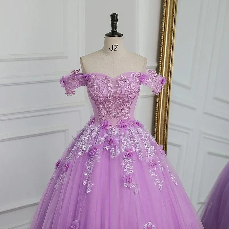 New Off The Shoulder Quinceanera Dresses Purple Tulle Floor-length Ball Gown Sweet Lace Flower Vestido Debutante PlusCustomized