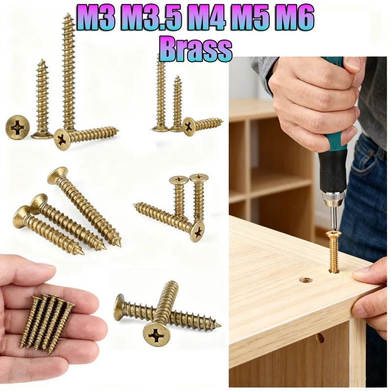 Śruby samogwintujące z łbem stożkowym walcowym, krzyżakowym, płaskim, mosiężne, M3 M3.5 M4 M5 M6, gwint metryczny, do drewna, płyt wiórowych, mebli.