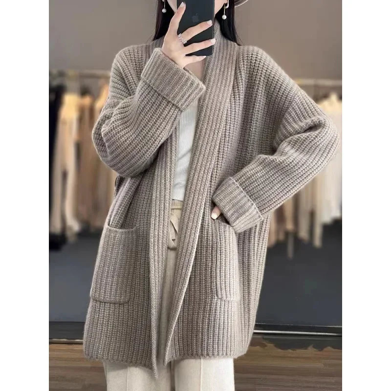 Sweater Jacket Women Cashmere Clothing Cardigan Middle Length Tops V-neck Woolen Sweater Loose Wool Knitted Coat Autumn Winter