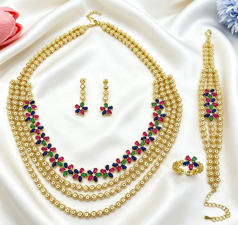 JRH Colored Zircon 4-Piece Jewelry Set Necklace Earrings Ring Bracelet Gold Electroplated  Anniversary Celebrations Gift