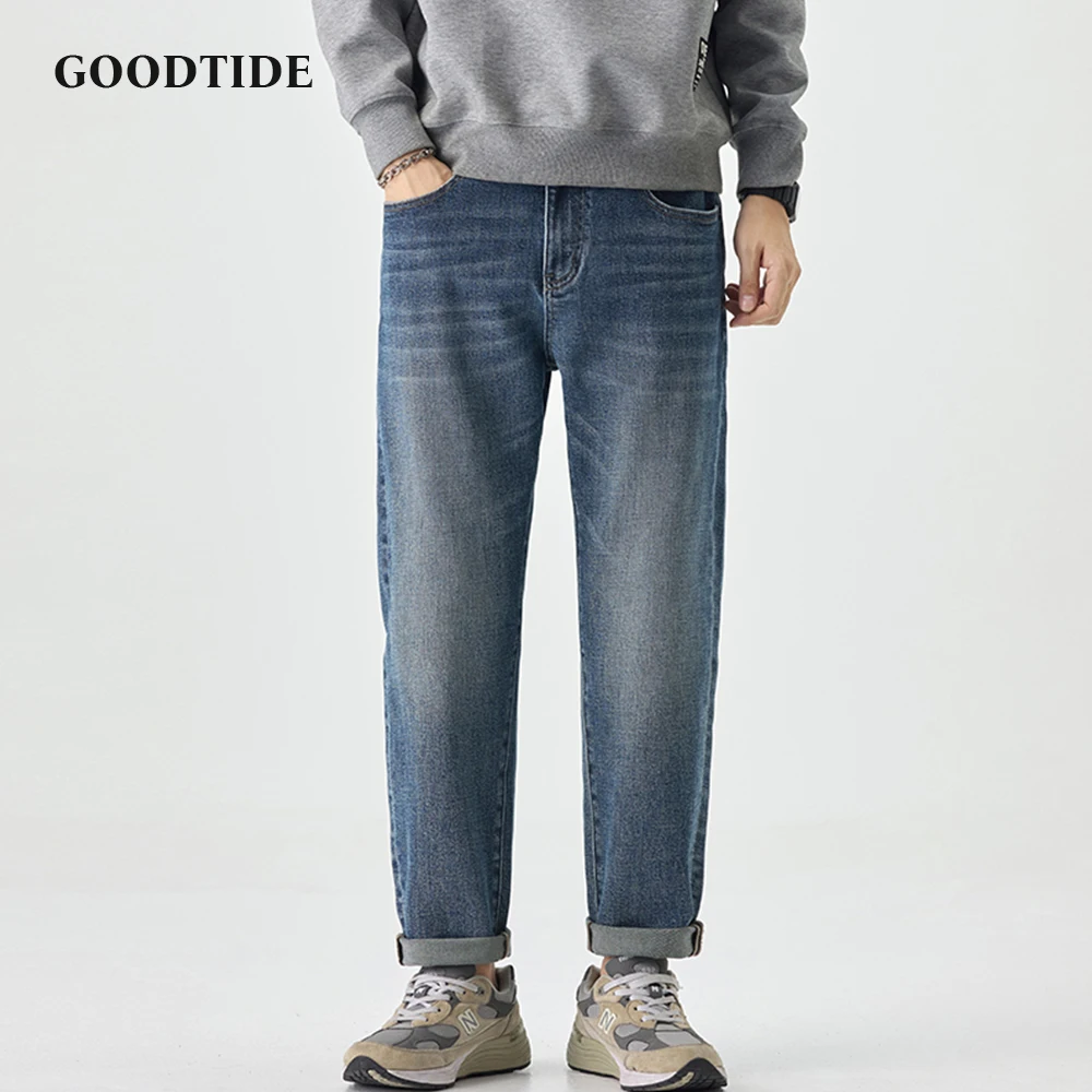 Fashion Men's Slightly Elastic Tapered Jeans 2025 Autumn New Graphite Washed Rolled Hems Casual Denim Trousers Size 28-38