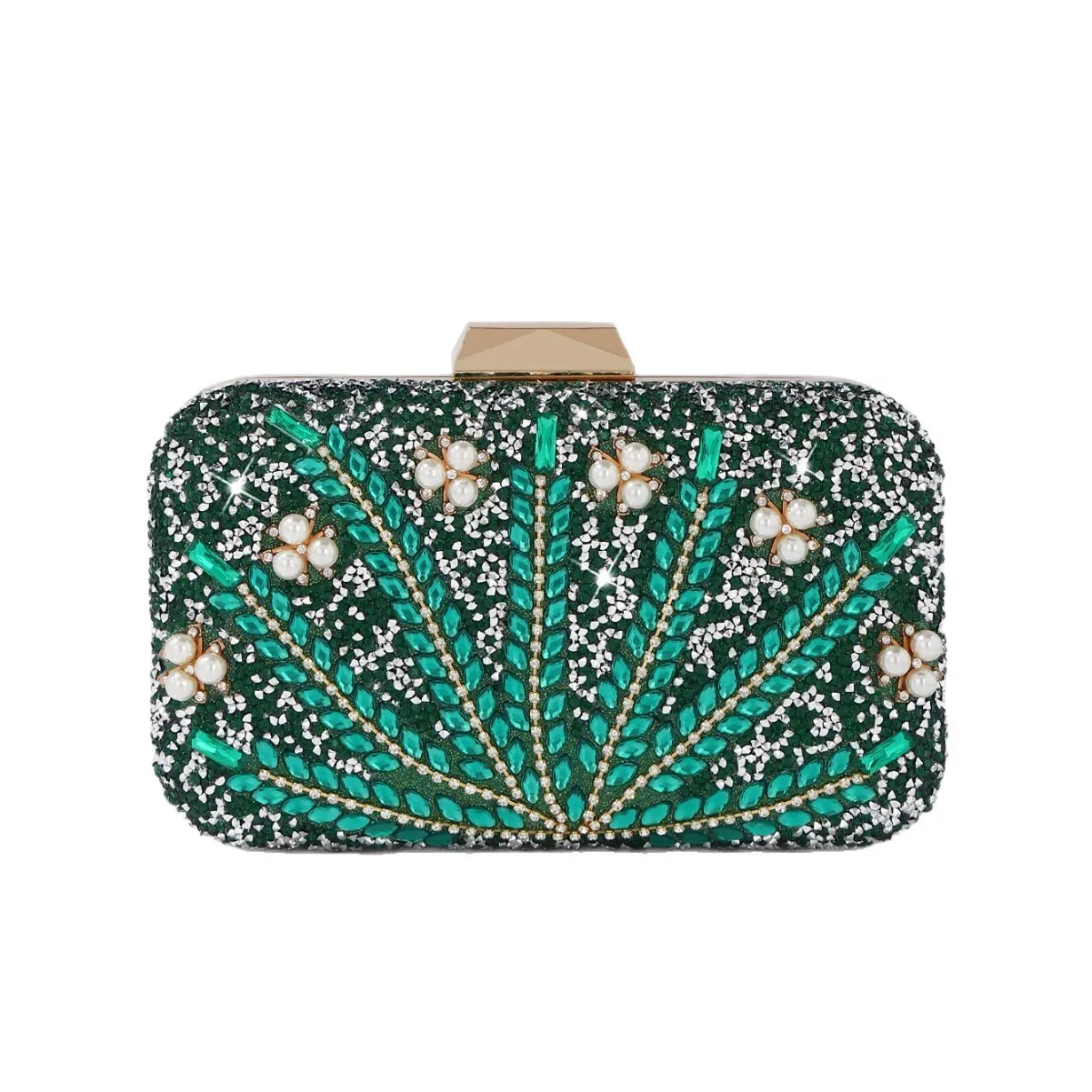 

Luxury Rhinestone & Pearl Embellished Green Evening Clutch Bag for Women - Sparkly Floral Pattern Party Purse with Chain Strap