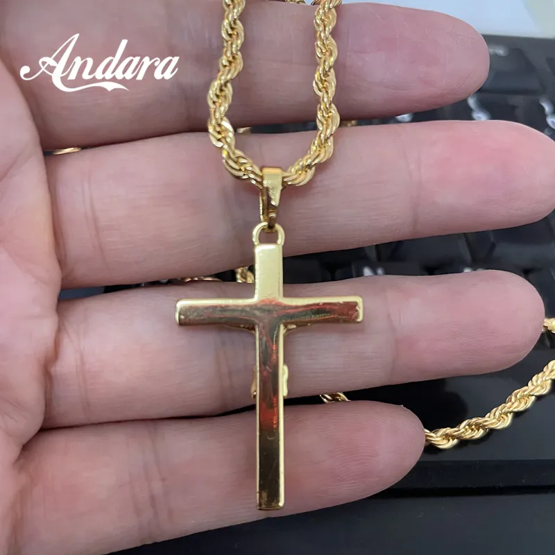 Andara 925 Sterling Silber Religiöse Kreuz-Halskette Katholizismus Jesus Anhänger Goldfarben Kette Kirchen-Gebetsschmuck – Detail 5