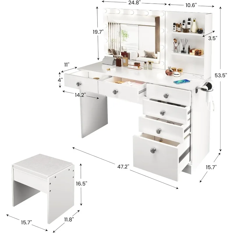 Makeup Vanity Desk with Mirror and 11 Adjustable Brightness Lights,White Vanity Lighted Mirror with Cushioned Stool